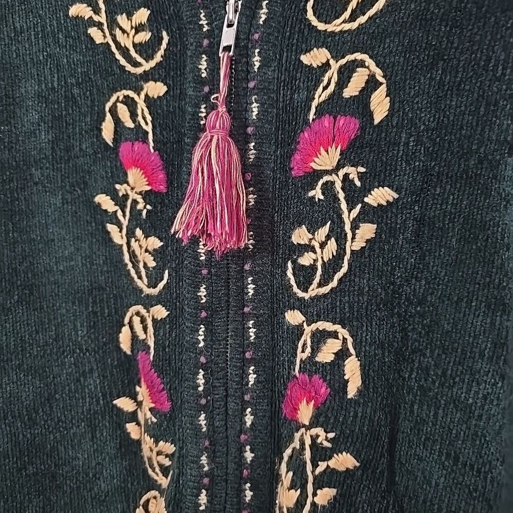 Vintage Fall Cardigan Sweater L Green Chenille Embroidered Zip Christopher Banks - Picture 2 of 9